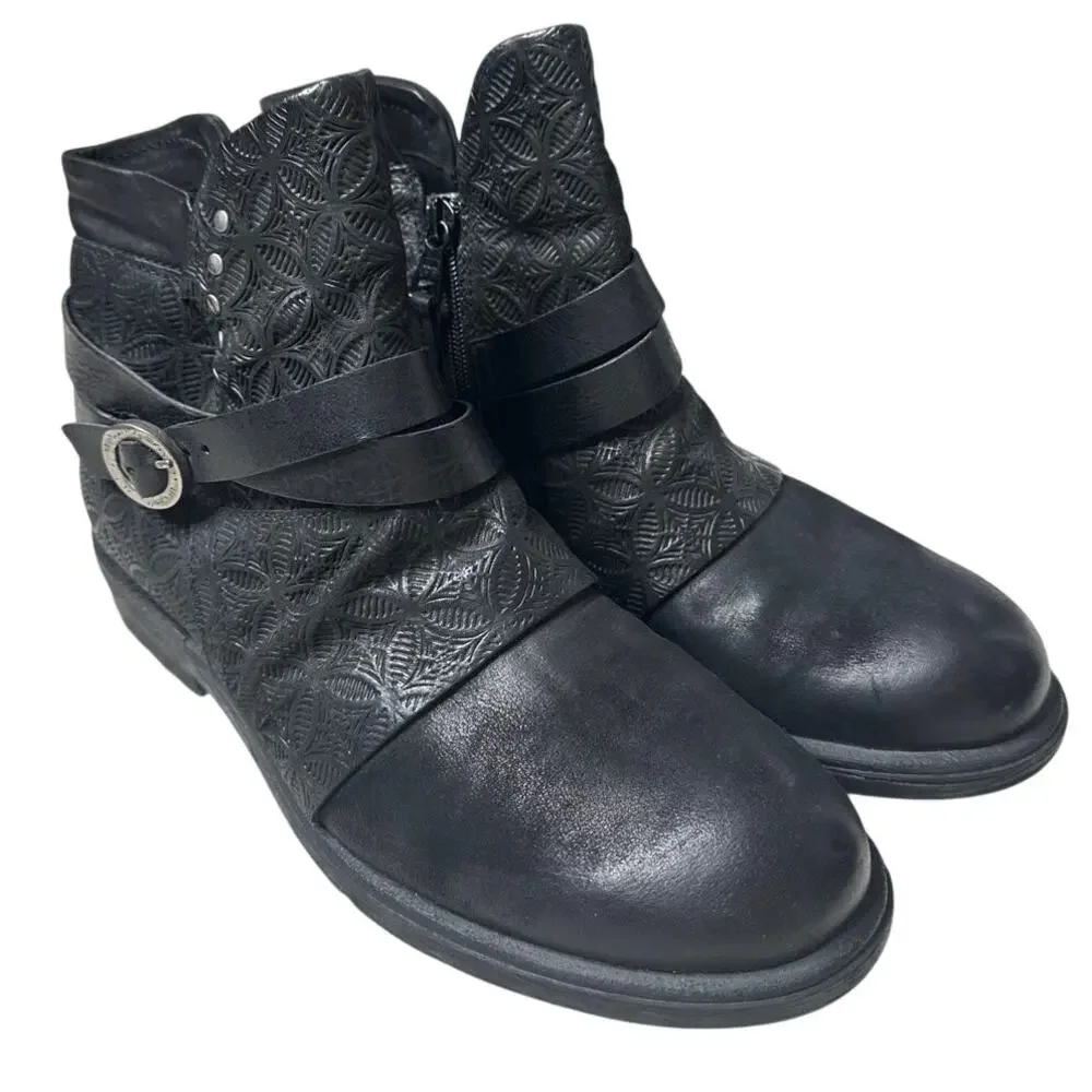 Miz Mooz Pixie Boots Ankle Booties Black Sliver Moto Style Boots Leather Straps